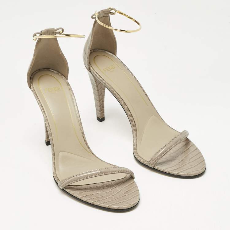 Pre Owned Fendi Grey Croc Embossed Leather Filo Ankle Strap Sandals Size 38