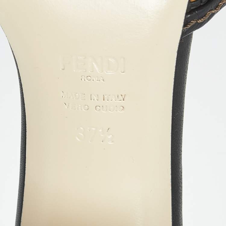 Pre Owned Fendi Black/Brown FF Interlace Leather Slide Sandals Size 37.5