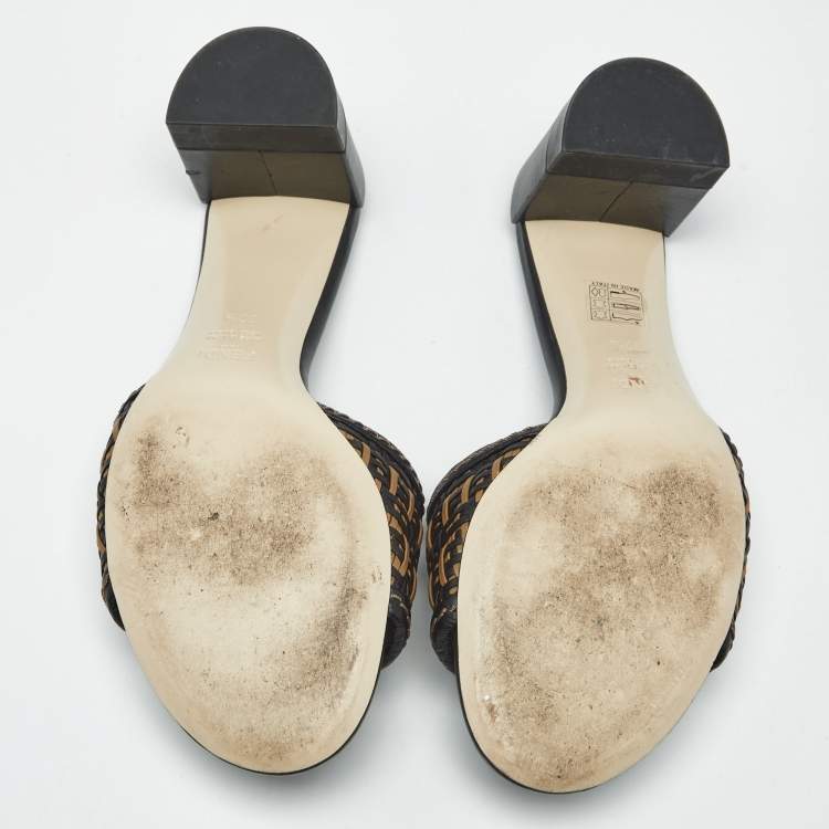 Pre Owned Fendi Black/Brown FF Interlace Leather Slide Sandals Size 37.5