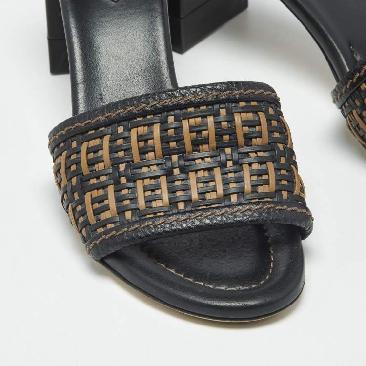 Pre Owned Fendi Black/Brown FF Interlace Leather Slide Sandals Size 37.5