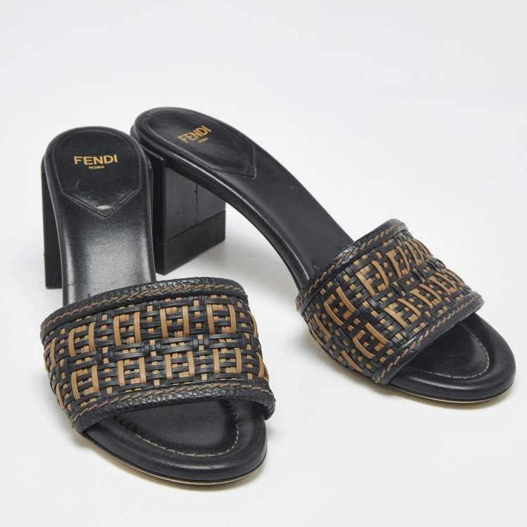 Pre Owned Fendi Black/Brown FF Interlace Leather Slide Sandals Size 37.5