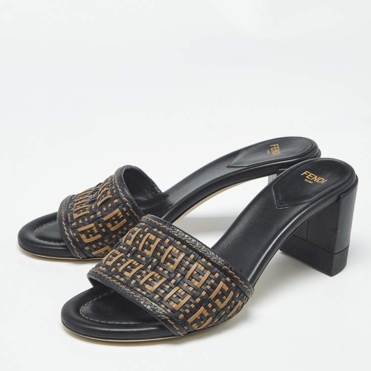 Pre Owned Fendi Black/Brown FF Interlace Leather Slide Sandals Size 37.5