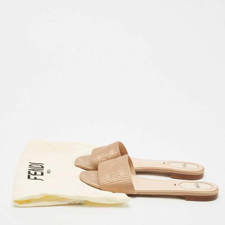 Pre Owned Fendi Beige Satin Logo Embroidered Flat Slides Size 37.5