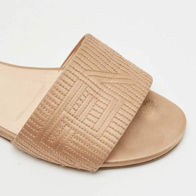 Pre Owned Fendi Beige Satin Logo Embroidered Flat Slides Size 37.5