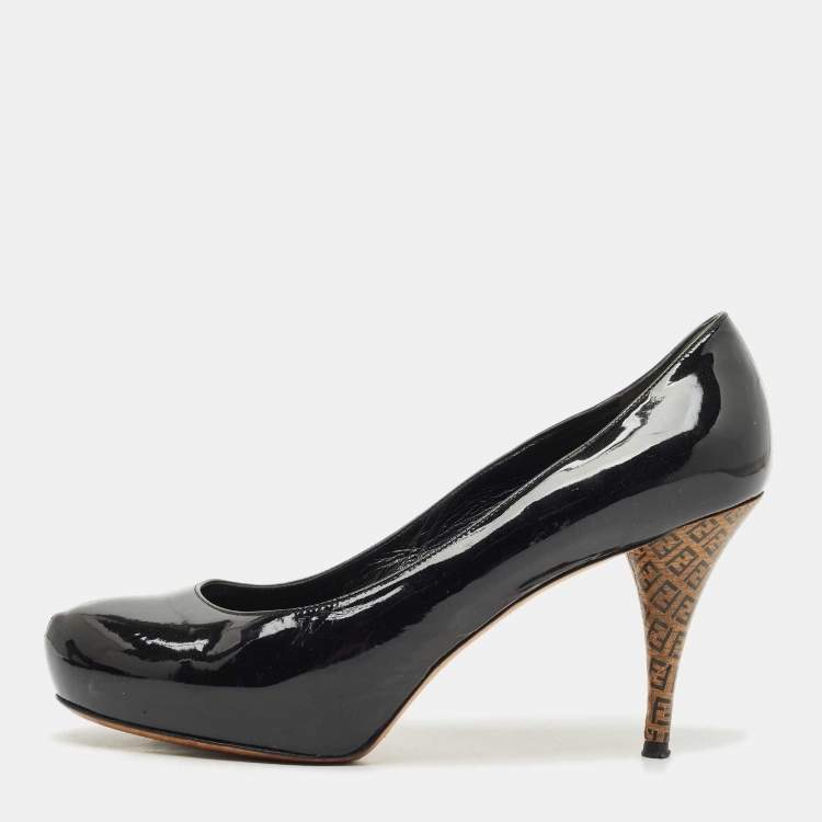 Pre Owned Fendi Black Patent Leather Zucca Heel Platform Pumps Size 41