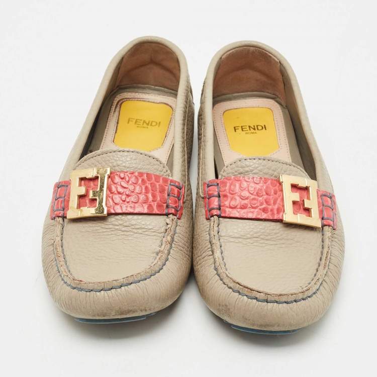Pre Owned Fendi Grey Leather FF Logo Loafers Size 37.5