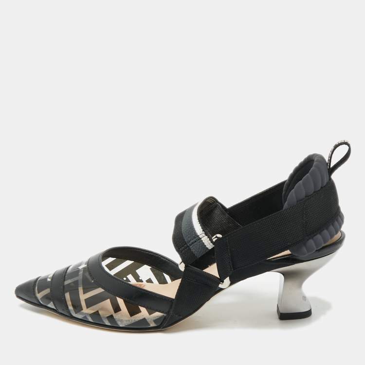 Pre Owned Fendi Black/Grey PVC And Fabric Colibri Slingback Pumps Size 35.5