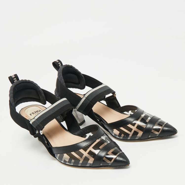 Pre Owned Fendi Black/Grey PVC And Fabric Colibri Slingback Pumps Size 35.5