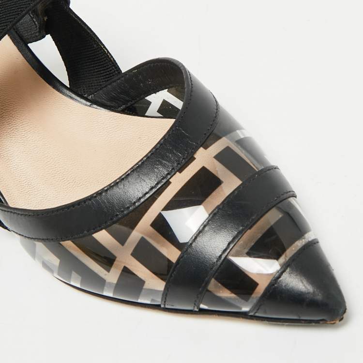Pre Owned Fendi Black/Grey PVC And Fabric Colibri Slingback Pumps Size 35.5
