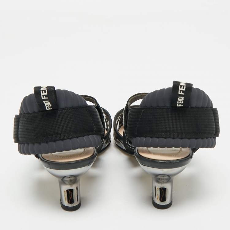 Pre Owned Fendi Black/Grey PVC And Fabric Colibri Slingback Pumps Size 35.5