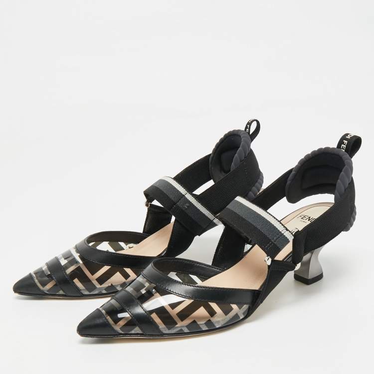 Pre Owned Fendi Black/Grey PVC And Fabric Colibri Slingback Pumps Size 35.5