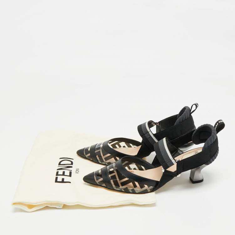 Pre Owned Fendi Black/Grey PVC And Fabric Colibri Slingback Pumps Size 35.5