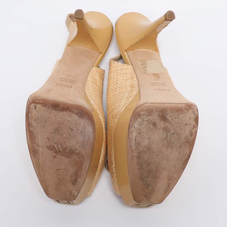 Pre Owned Fendi Beige Woven Straw Fendista Bow Platform Slingback Sandals Size 41