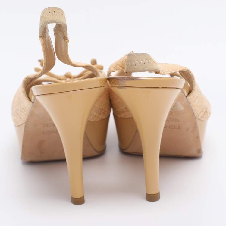 Pre Owned Fendi Beige Woven Straw Fendista Bow Platform Slingback Sandals Size 41