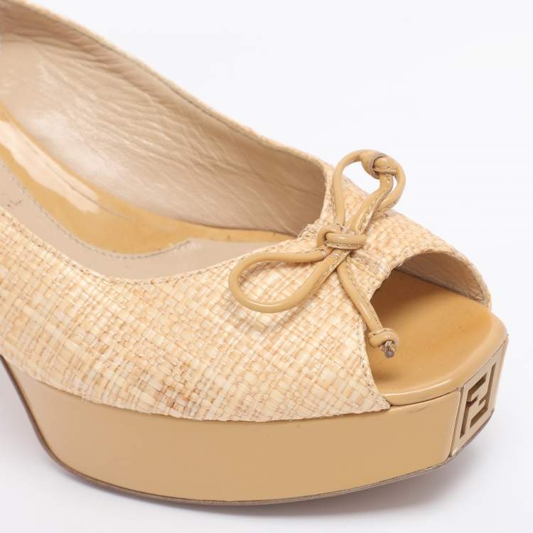 Pre Owned Fendi Beige Woven Straw Fendista Bow Platform Slingback Sandals Size 41