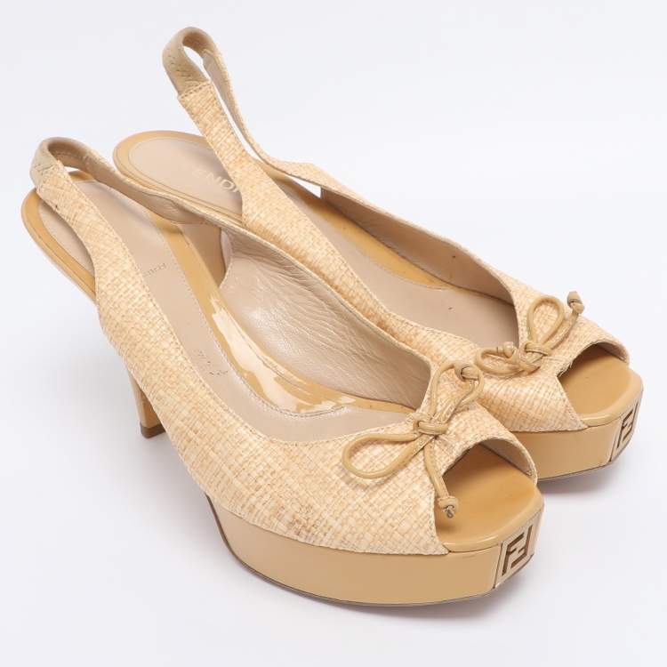Pre Owned Fendi Beige Woven Straw Fendista Bow Platform Slingback Sandals Size 41