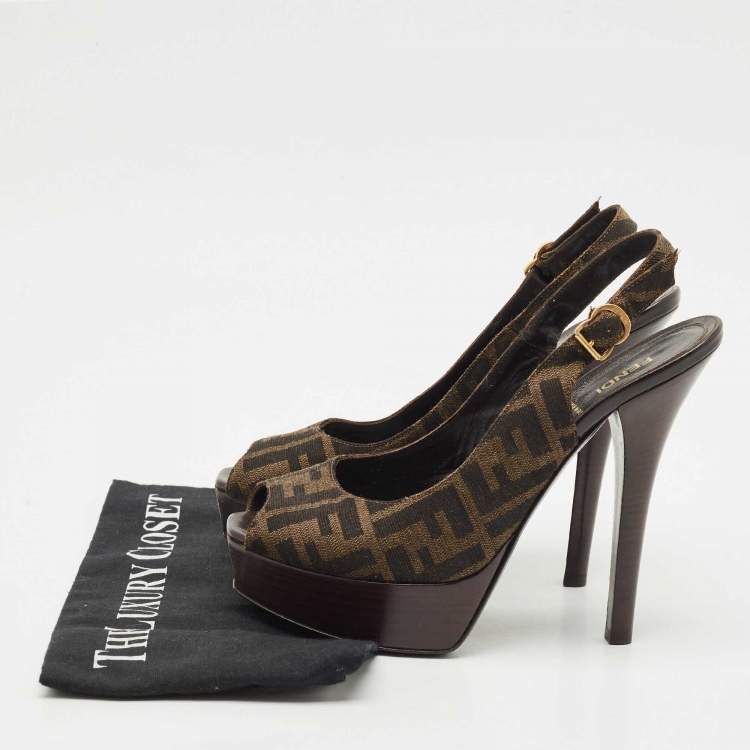 Pre Owned Fendi Brown Zucca Canvas Open Toe Platform Slingback Sandals Size 40