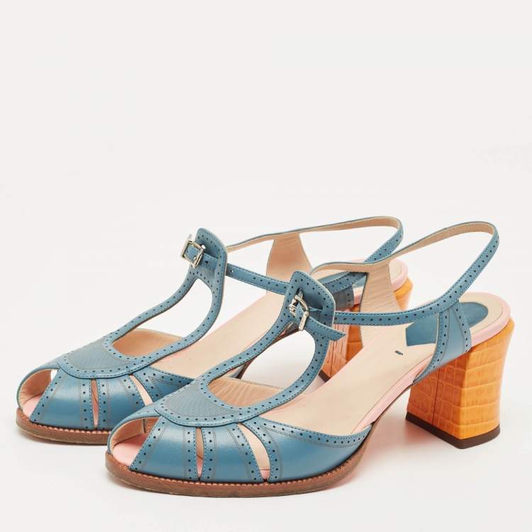 Pre Owned Fendi Tricolor Leather Chameleon T-Strap Sandals Size 40