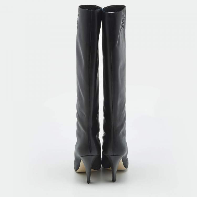 Pre Owned Fendi Black Leather Knee Length Boots Size 38.5