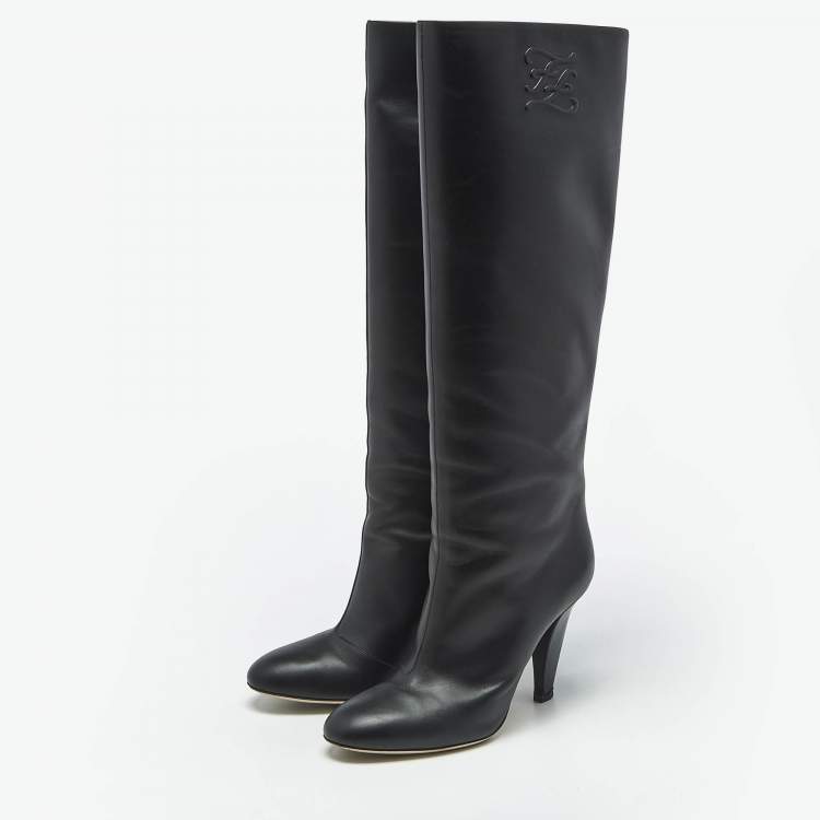 Pre Owned Fendi Black Leather Knee Length Boots Size 38.5
