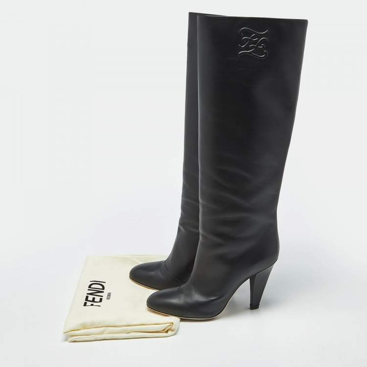 Pre Owned Fendi Black Leather Knee Length Boots Size 38.5