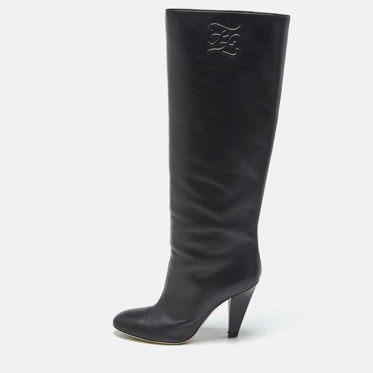 Pre Owned Fendi Black Leather Knee Length Boots Size 38.5