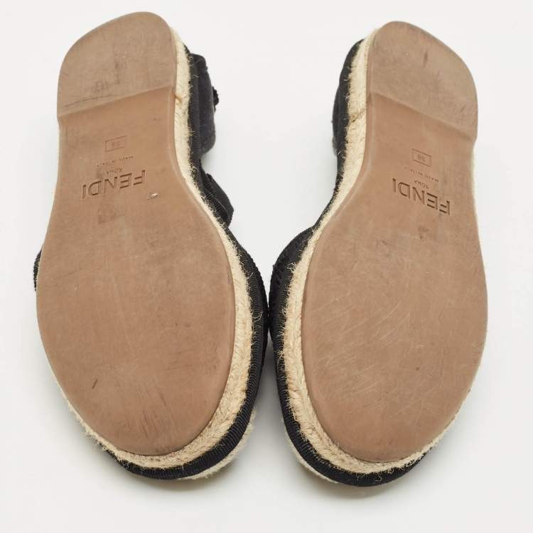 Pre Owned Fendi Black FF Logo Embroidered Fabric Ankle Wrap Espadrille Flats Size 38