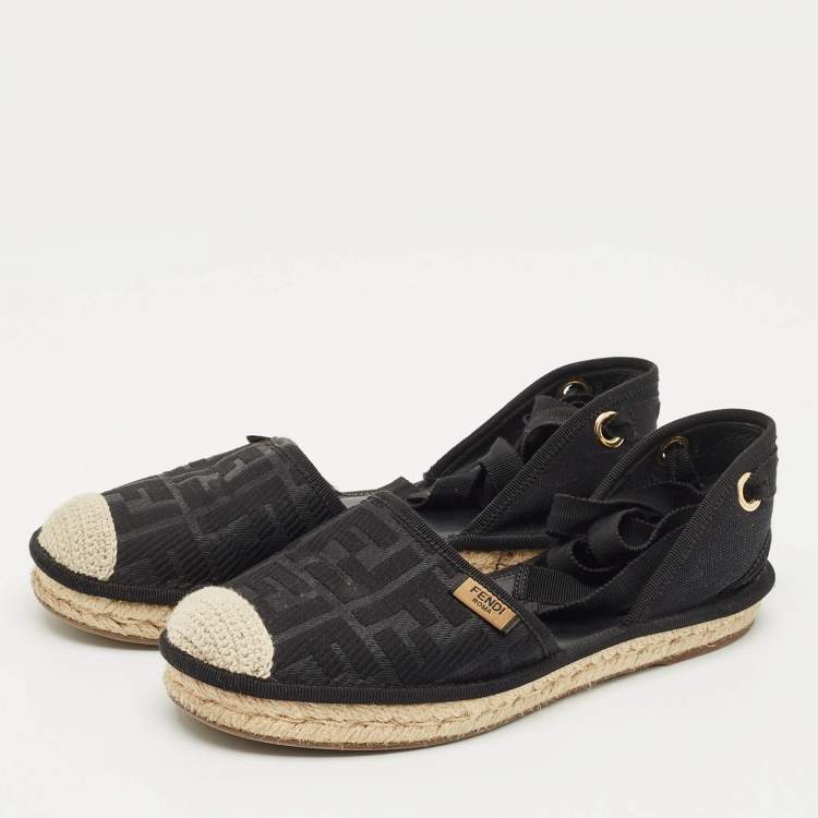 Pre Owned Fendi Black FF Logo Embroidered Fabric Ankle Wrap Espadrille Flats Size 38