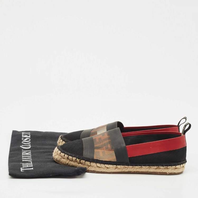 Pre Owned Fendi Black/Red Zucca Leather and Mesh Espadrille Flats Size 36