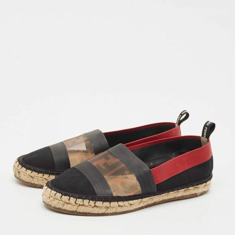 Pre Owned Fendi Black/Red Zucca Leather and Mesh Espadrille Flats Size 36
