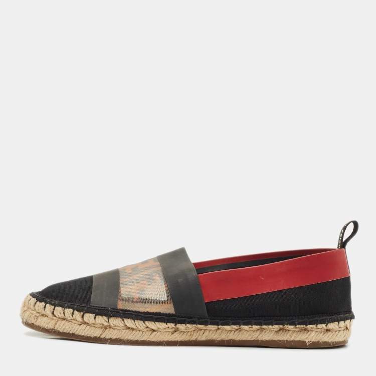 Pre Owned Fendi Black/Red Zucca Leather and Mesh Espadrille Flats Size 36
