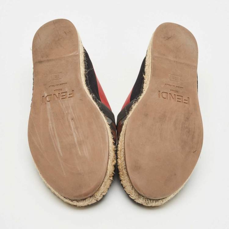 Pre Owned Fendi Black/Red Zucca Leather and Mesh Espadrille Flats Size 36