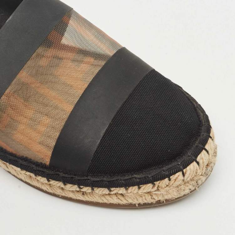 Pre Owned Fendi Black/Red Zucca Leather and Mesh Espadrille Flats Size 36