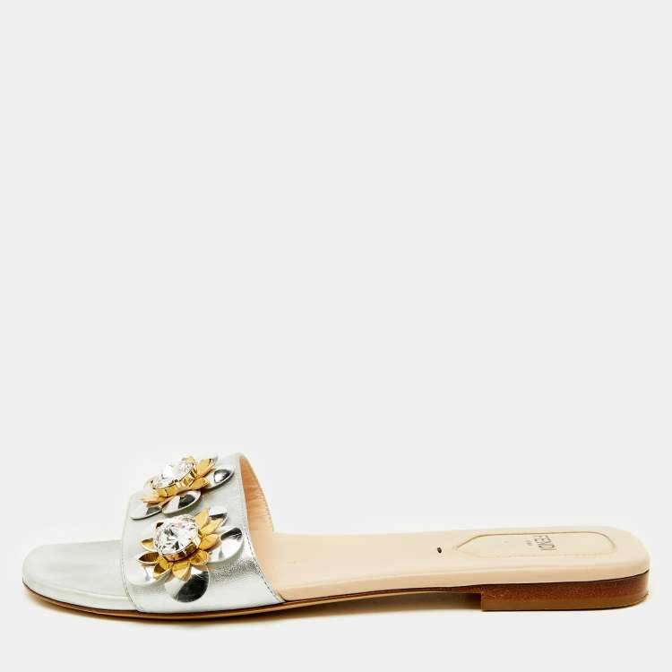 Pre Owned Fendi Silver Leather Flowerland Embellished Flat Slide Sandals Size 38