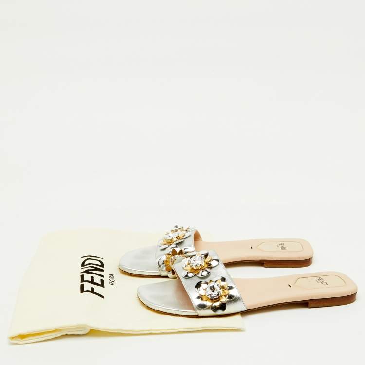 Pre Owned Fendi Silver Leather Flowerland Embellished Flat Slide Sandals Size 38