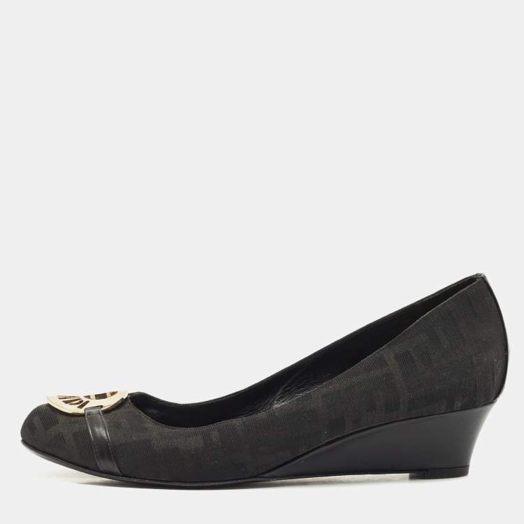 Pre Owned Fendi Black Canvas Logo Wedges Sandals Size  41