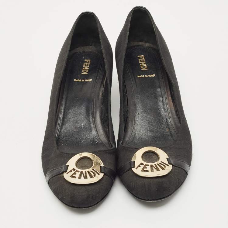 Pre Owned Fendi Black Canvas Logo Wedges Sandals Size  41