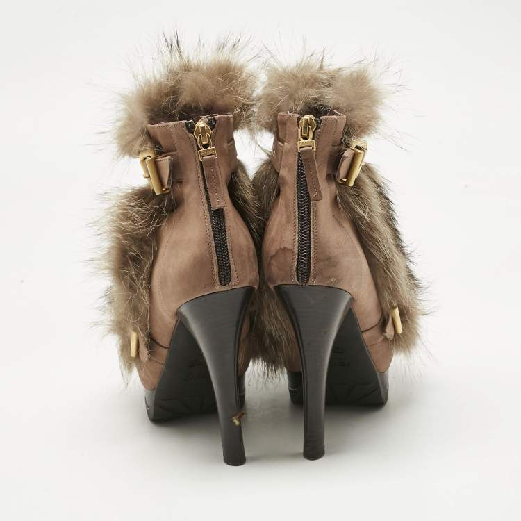 Pre Owned Fendi Brown Nubuck Leather and Raccoon Fur Platform Ankle Boots Size 40