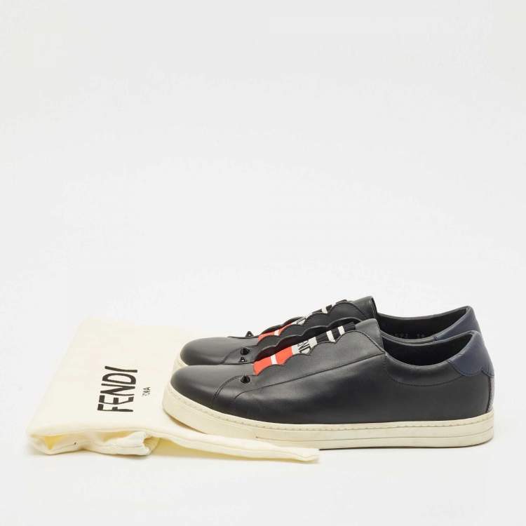 Pre Owned Fendi Black/Blue Leather Logo Knit Rockoko Scallop Detail Slip On Sneakers Size 39