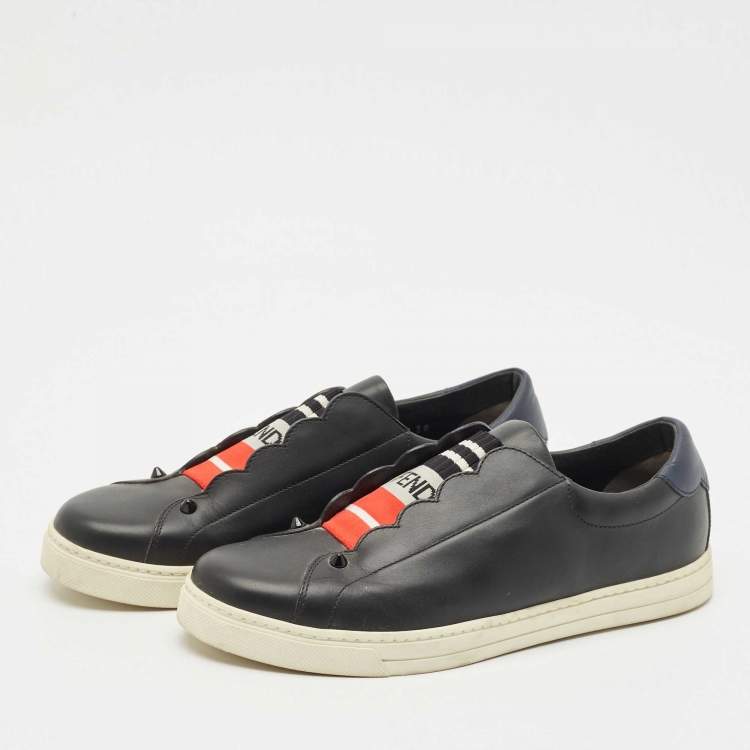 Pre Owned Fendi Black/Blue Leather Logo Knit Rockoko Scallop Detail Slip On Sneakers Size 39