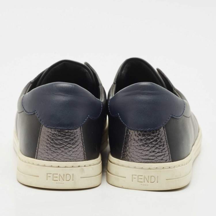Pre Owned Fendi Black/Blue Leather Logo Knit Rockoko Scallop Detail Slip On Sneakers Size 39