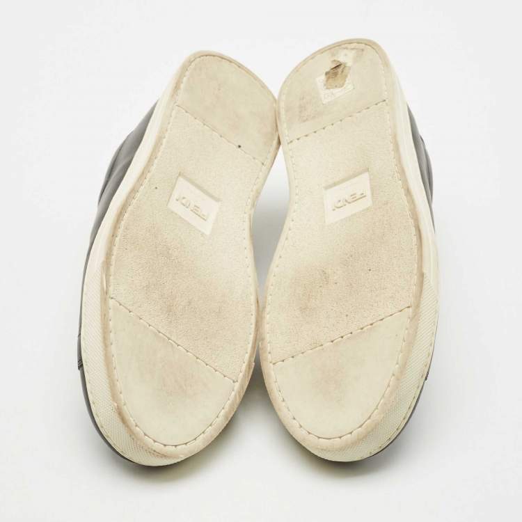 Pre Owned Fendi Black/Blue Leather Logo Knit Rockoko Scallop Detail Slip On Sneakers Size 39