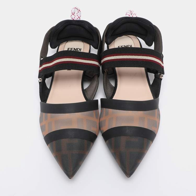 Pre Owned Fendi Multicolor Zucca Mesh and Leather Colibri Slingback Flats Size 36
