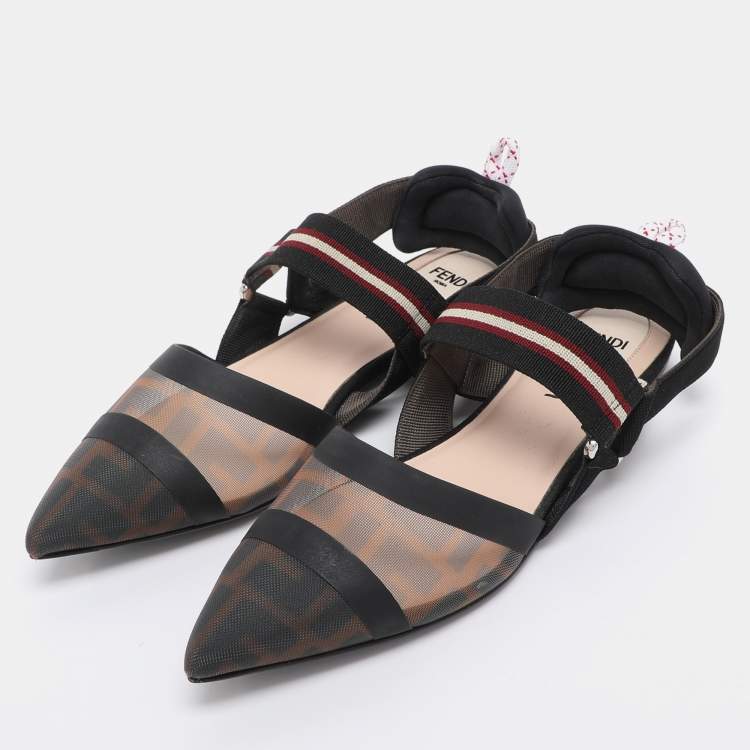 Pre Owned Fendi Multicolor Zucca Mesh and Leather Colibri Slingback Flats Size 36