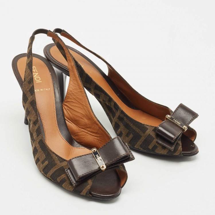 مملوكة مسبقًا Fendi Brown Zucca Canvas and Leather Slingback Pumps Size 37.5
