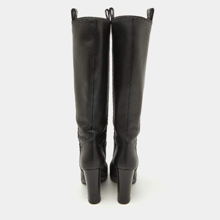 Pre Owned Fendi Black Leather Selleria Knee Length Boots Size 35