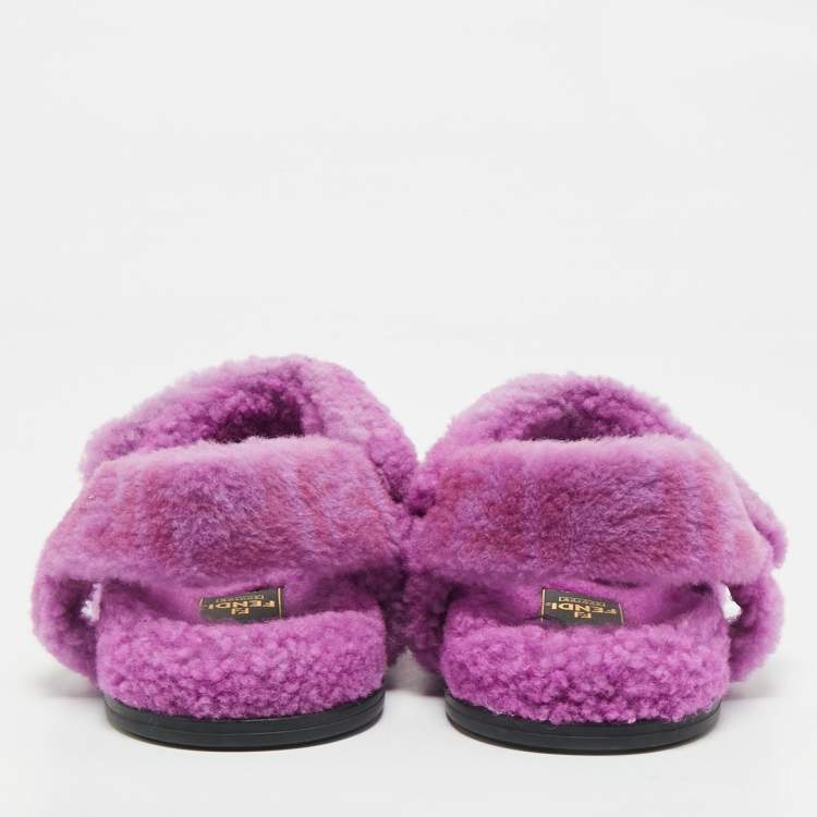 Pre Owned Fendi Purple  Shearling Fur Ankle Strap Flat Sandals Size 39