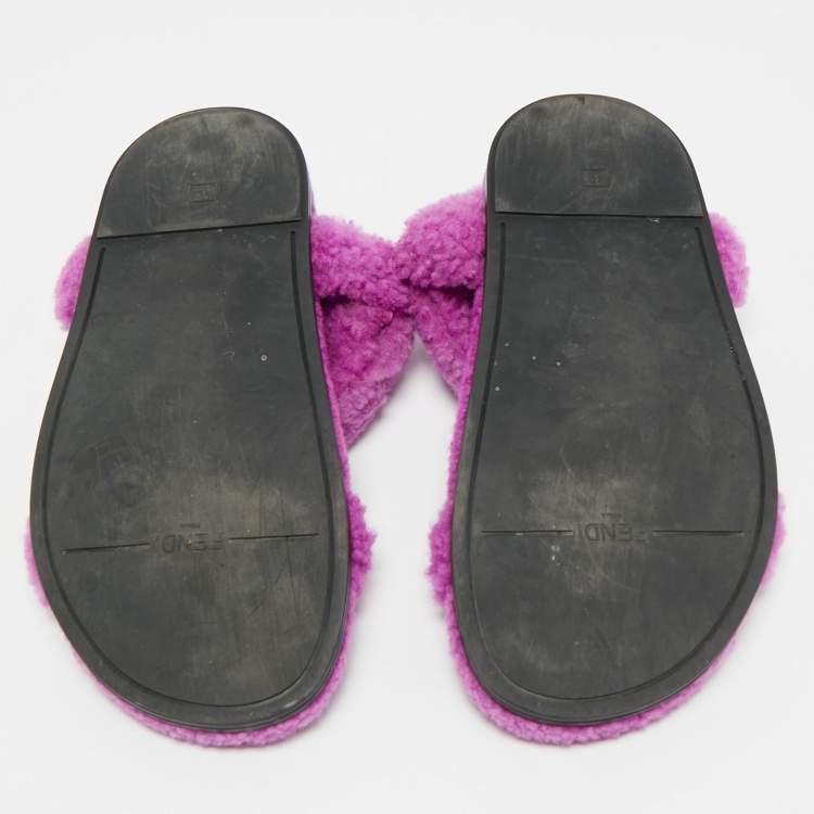 Pre Owned Fendi Purple  Shearling Fur Ankle Strap Flat Sandals Size 39