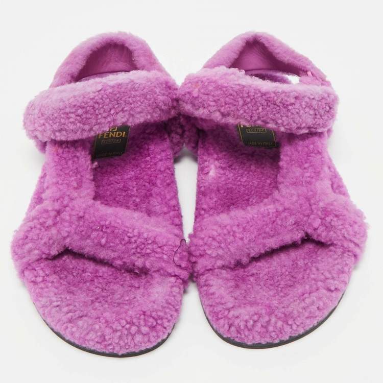 Pre Owned Fendi Purple  Shearling Fur Ankle Strap Flat Sandals Size 39
