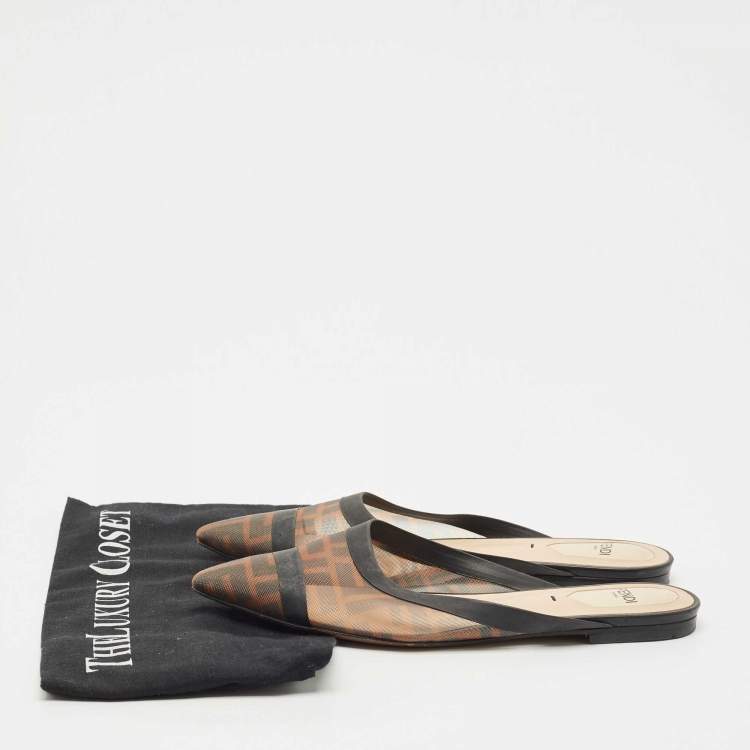 Pre Owned Fendi Tobacco FF Logo Print Mesh Colibri Pointed Toe Flat Mules Size 36